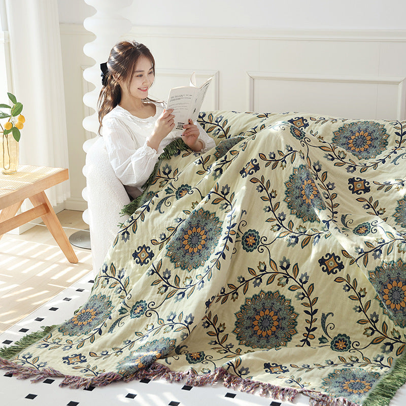 Green Disc Flower Cotton Gauze Blanket