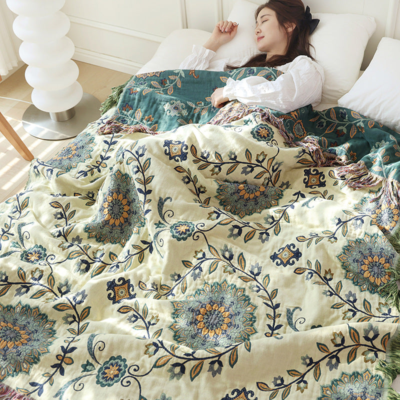 Green Disc Flower Cotton Gauze Blanket